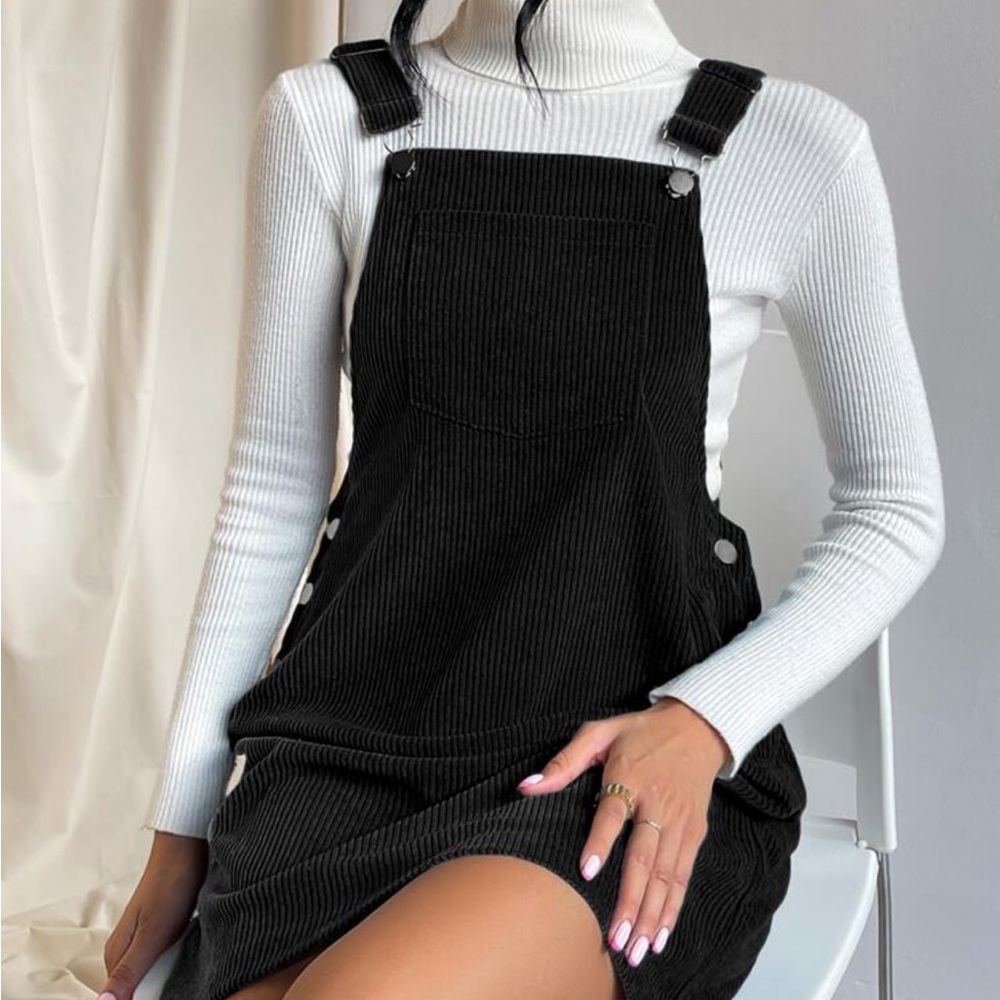Classic Elegant Corduroy Solid Pocket Jumper Overall Dress Without Sweater BLACK - Picture 2 of 13